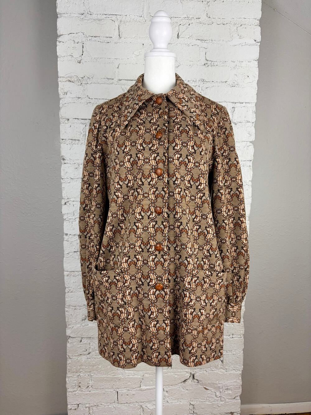 Fish Print Coat Vintage 70s Front Button Front Tunic Long Sleeve L